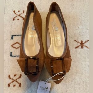 Brown Suede Pointed Toe Flats with Tortoiseshell Buckle